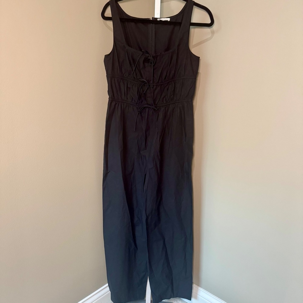 Rebecca Taylor Black Cotton Silk Tie Front Sleeveless Jumpsuit Size 4 Smocked - Picture 2 of 7